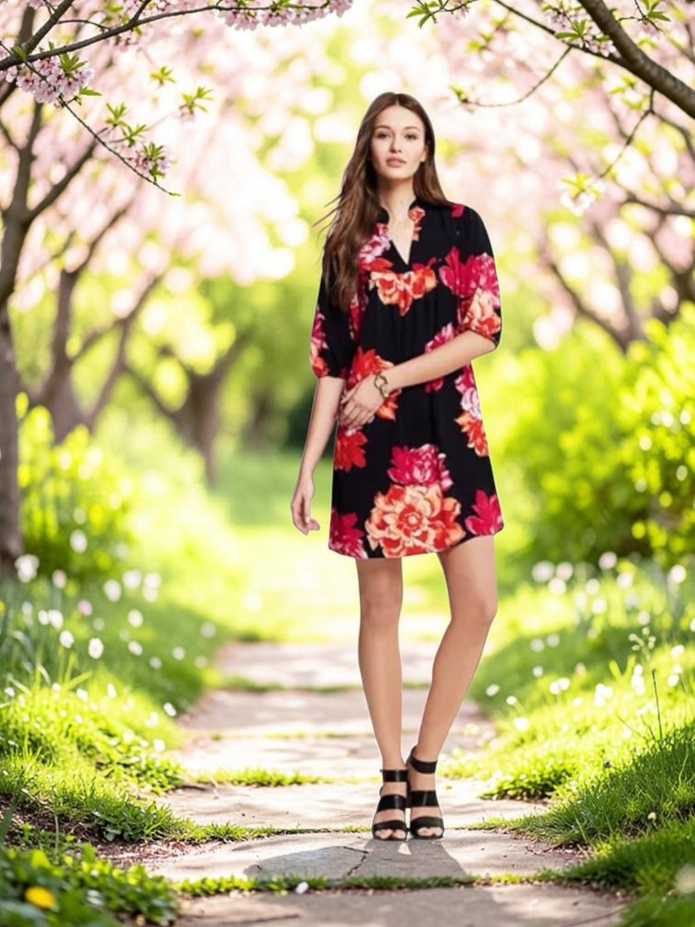 Banana Republic Black Floral V-Neck Shift Dress with Pink & Orange Blooms